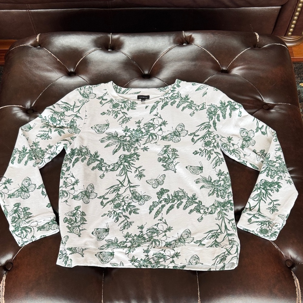 Talbots White Crewneck Sweatshirt with Green Floral & Butterfly Print